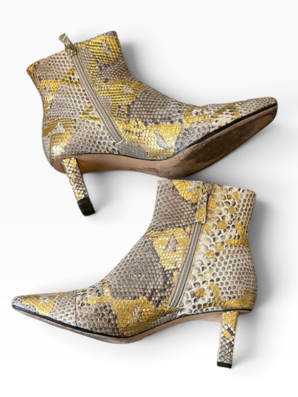 Metallic Gold Snakeskin Pointed-Ankle Boots